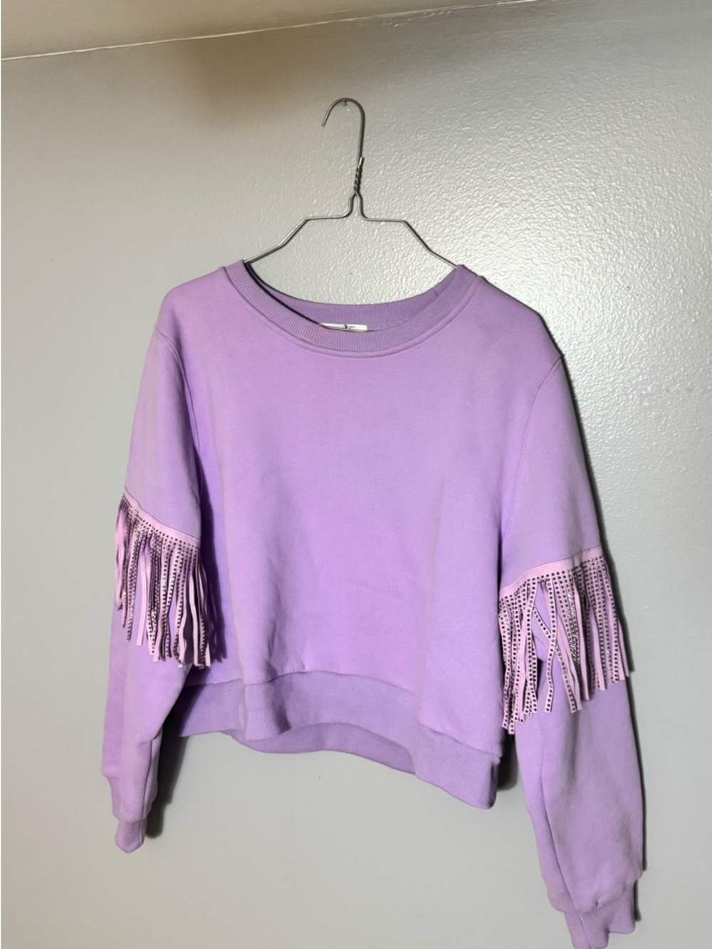 Lavender Fringe Sleeve Crewneck Sweatshirt - from a boutique